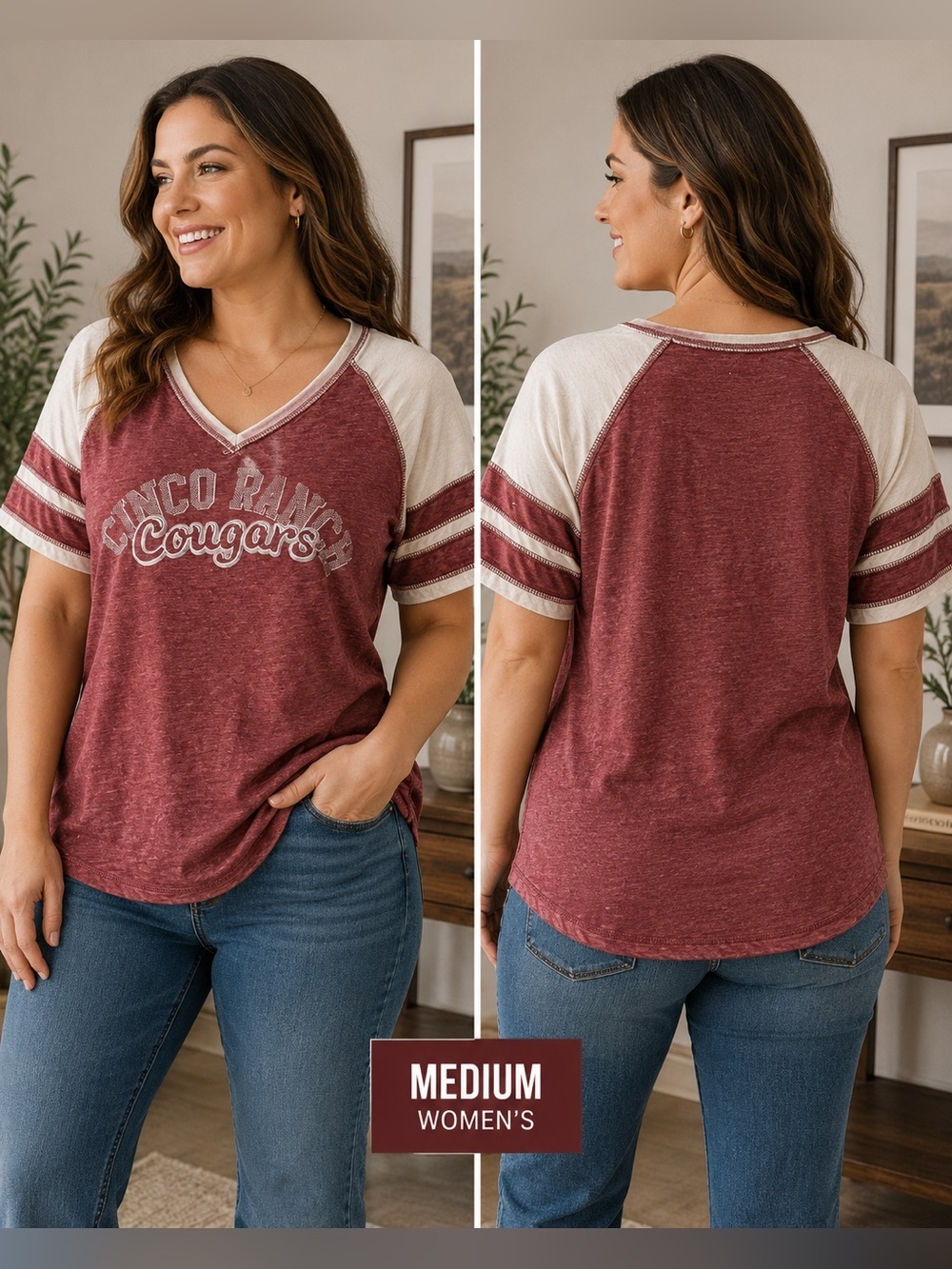 Cinco Ranch Cougars Burgundy & Cream V-Neck Tee MEDIUM